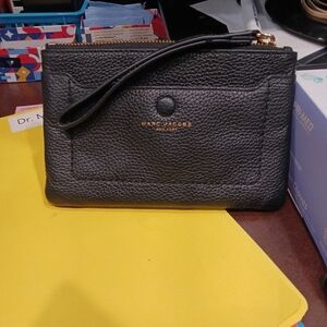 Marc Jacobs Black Pebbled Leather Wristlet with Gold Logo